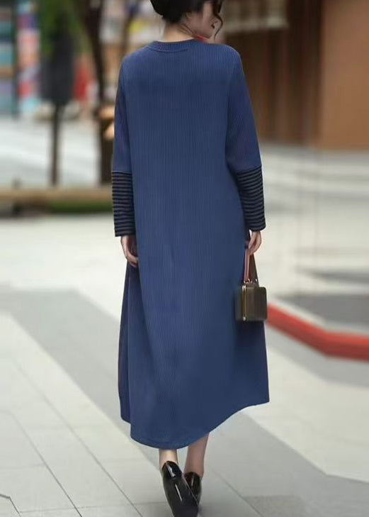 New Blue O Neck Patchwork Knit Long Dress Winter