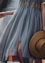 New Blue O Neck Print Silk Long Dresses Summer