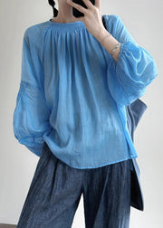 New Blue O-Neck Solid Cotton Shirt Lantern Sleeve