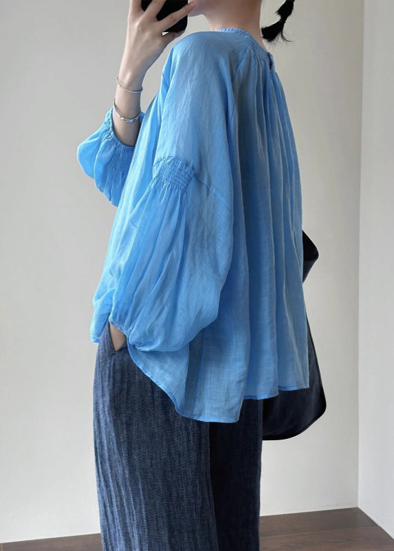 New Blue O-Neck Solid Cotton Shirt Lantern Sleeve