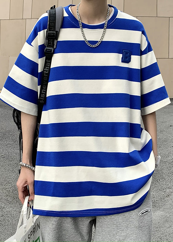 New Blue O Neck Striped Cotton Men&