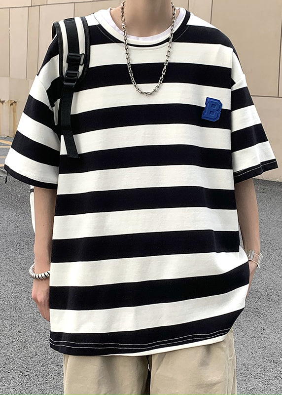 New Blue O Neck Striped Cotton Men&