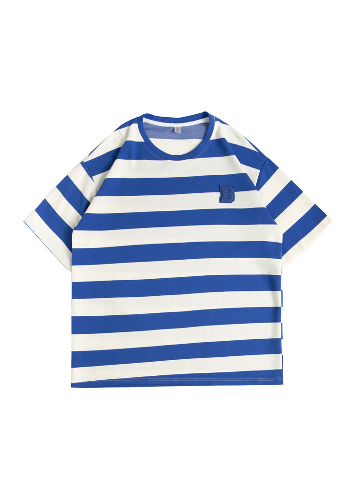 New Blue O Neck Striped Cotton Men&