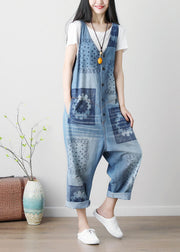 New Blue Patchwork Print Denim Jumpsuit Pants Sleeveless