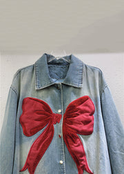 New Blue Peter Pan Collar Button Bow Denim Coat Spring