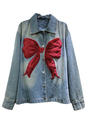 New Blue Peter Pan Collar Button Bow Denim Coat Spring