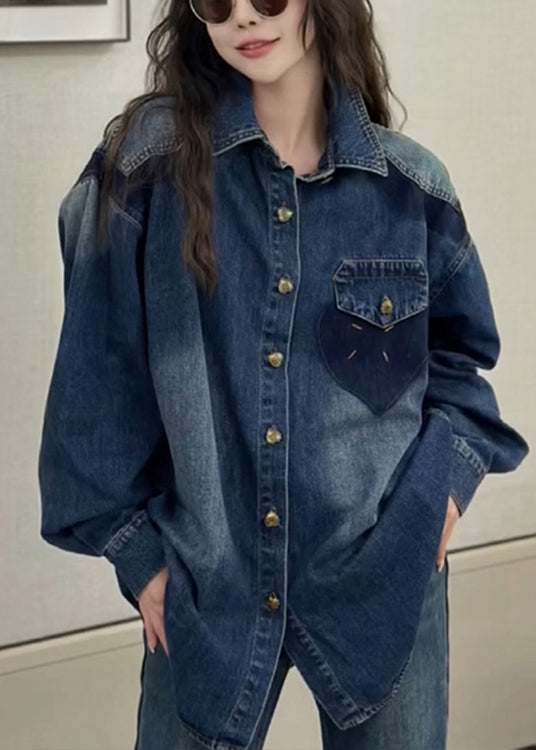 New Blue Peter Pan Collar Button Denim Shirts Coats Long Sleeve