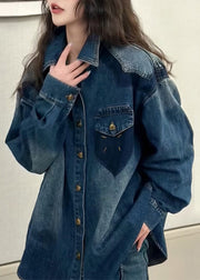 New Blue Peter Pan Collar Button Denim Shirts Coats Long Sleeve