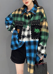 New Blue Plaid Button Patchwork Cotton Blouses Long Sleeve