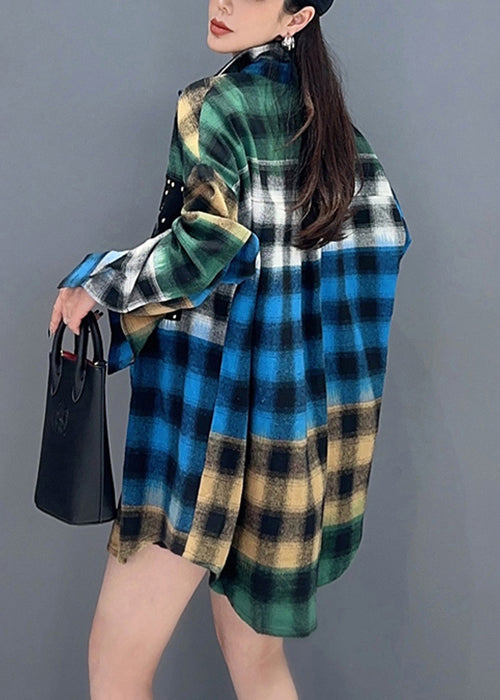 New Blue Plaid Button Patchwork Cotton Blouses Long Sleeve