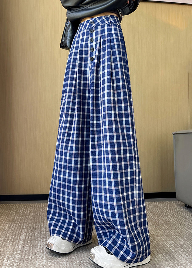 New Blue Plaid High Waist Cotton Wide Leg Pants Fall