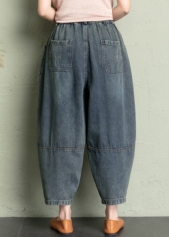 New Blue Pockets Elastic Waist Denim Crop Pants Summer