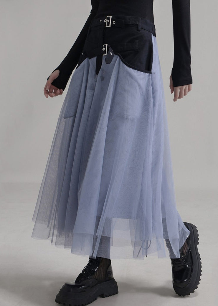 New Blue Pockets Elastic Waist Patchwork Tulle Skirt Summer