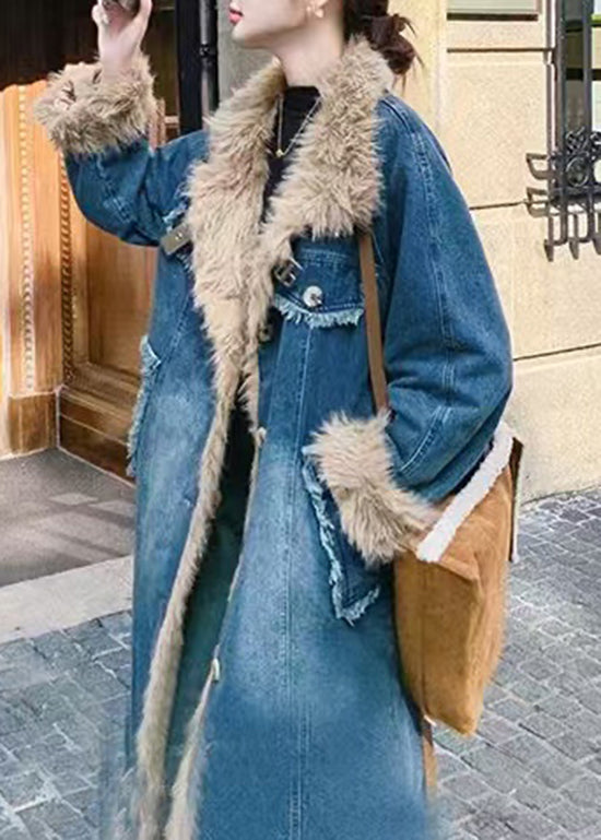 New Blue Pockets Faux Fur Patchwork Fine Cotton Filled Denim Coat Winter