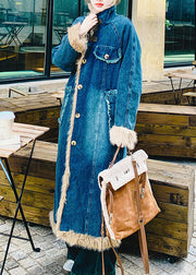 New Blue Pockets Faux Fur Patchwork Fine Cotton Filled Denim Coat Winter