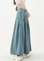 New Blue Pockets High Waist Denim Wide Leg Pants Spring