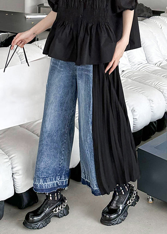 New Blue Pockets High Waist Patchwork Denim Crop Pants Fall