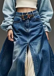 New Blue Pockets Side Open High Waist Denim Skirts Summer