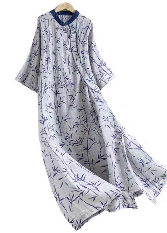 New Blue Print Button Cotton Long Dresses Half Sleeve