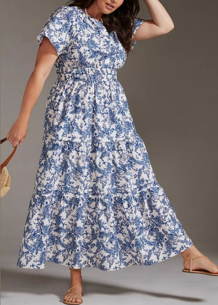 New Blue Print Elastic Waist Cotton Long Dress Summer