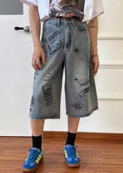 New Blue Print High Waist Denim Mens Crop Pants Summer