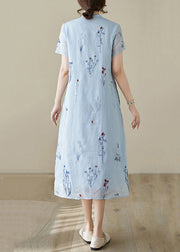 New Blue Print Pockets Linen Long Dress Summer