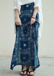 New Blue Print Side Open High Waist Cotton Skirts Fall