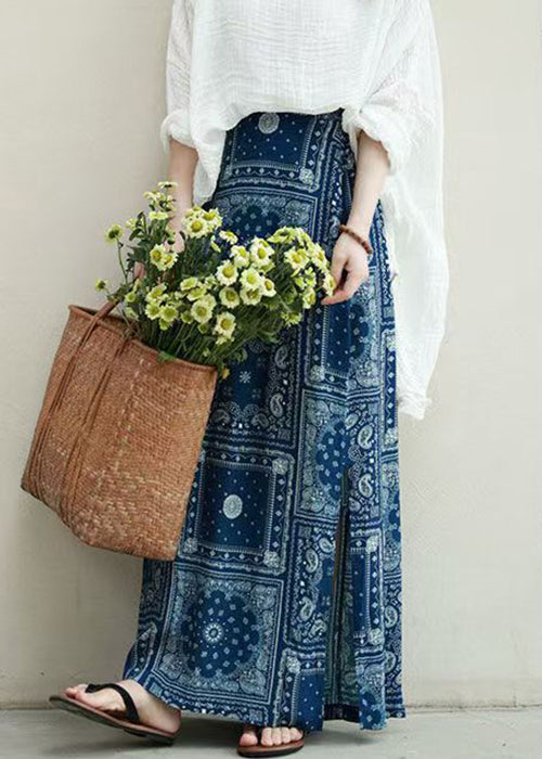 New Blue Print Side Open High Waist Cotton Skirts Fall