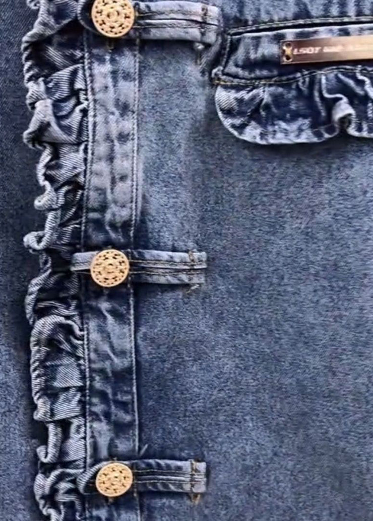 New Blue Ruffled Button Denim Coats Long Sleeve
