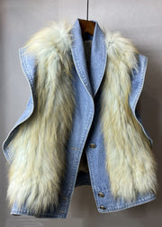 New Blue Ruffled Fuzzy Fur Fluffy Patchwork Denim Waistcoat Sleeveless