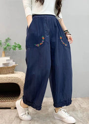 New Blue Ruffled Pockets Elastic Waist Cotton Crop Pants Summer