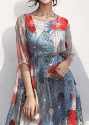 New Blue Square Collar Print Silk Dresses Summer