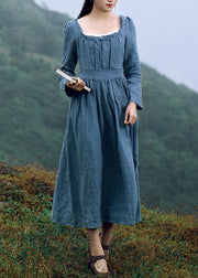 New Blue Square Collar Ruffled Linen Long Dresses Long Sleeve