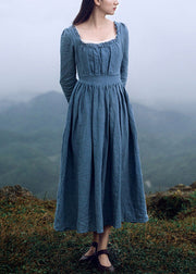 New Blue Square Collar Ruffled Linen Long Dresses Long Sleeve