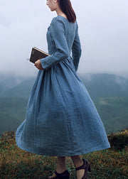 New Blue Square Collar Ruffled Linen Long Dresses Long Sleeve