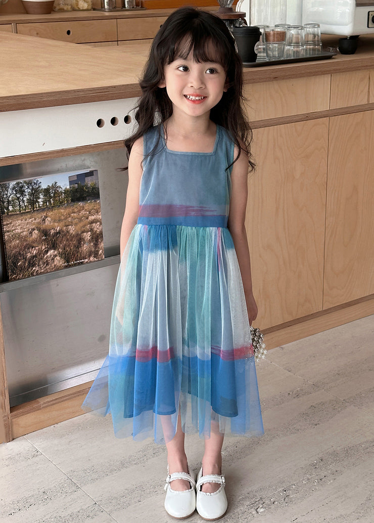 New Blue Square Collar Tulle Patchwork Girls Dresses Sleeveless