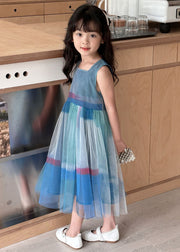 New Blue Square Collar Tulle Patchwork Girls Dresses Sleeveless