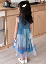 New Blue Square Collar Tulle Patchwork Girls Dresses Sleeveless