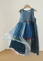 New Blue Square Collar Tulle Patchwork Girls Dresses Sleeveless