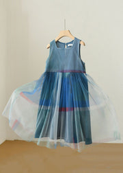 New Blue Square Collar Tulle Patchwork Girls Dresses Sleeveless