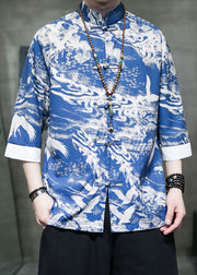 New Blue Stand Collar Print Ice Silk Men's Shirts Bracelet Sleeve