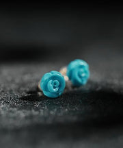 New Blue Sterling Silver Turquoise Rose Stud Earrings