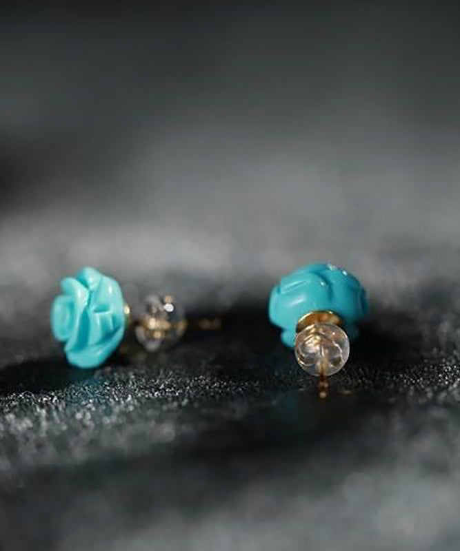 New Blue Sterling Silver Turquoise Rose Stud Earrings