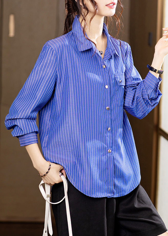 New Blue Striped Button Patchwork Cotton Shirts Long Sleeve