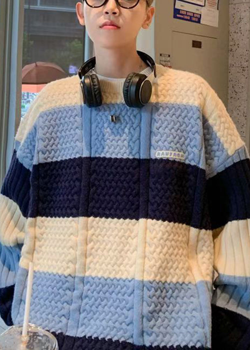 New Blue Striped Cozy Patchwork Knit Men Sweater Fall