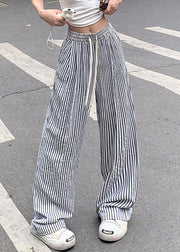 New Blue Striped Pockets Elastic Waist Cotton Pants Summer