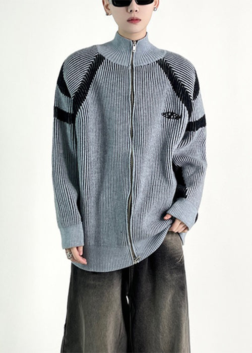 New Blue Striped Zip Up Knit Men Coat Fall