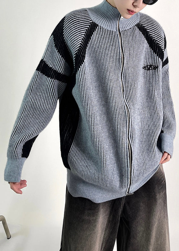 New Blue Striped Zip Up Knit Men Coat Fall