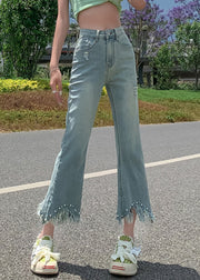 New Blue Tasseled Nail Bead High Waist Denim Crop Pants Summer