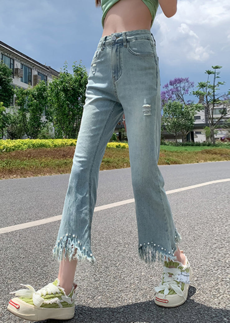 New Blue Tasseled Nail Bead High Waist Denim Crop Pants Summer